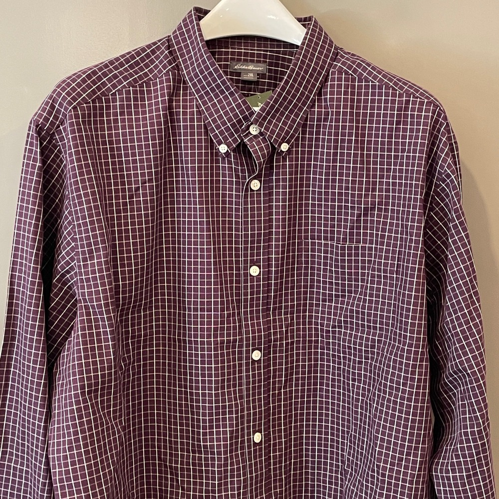 Eddie Bauer Mens 2XL Eggplant Purple Grid Wrinkle Free Relaxed Fit Shirt NWT - Picture 2 of 10